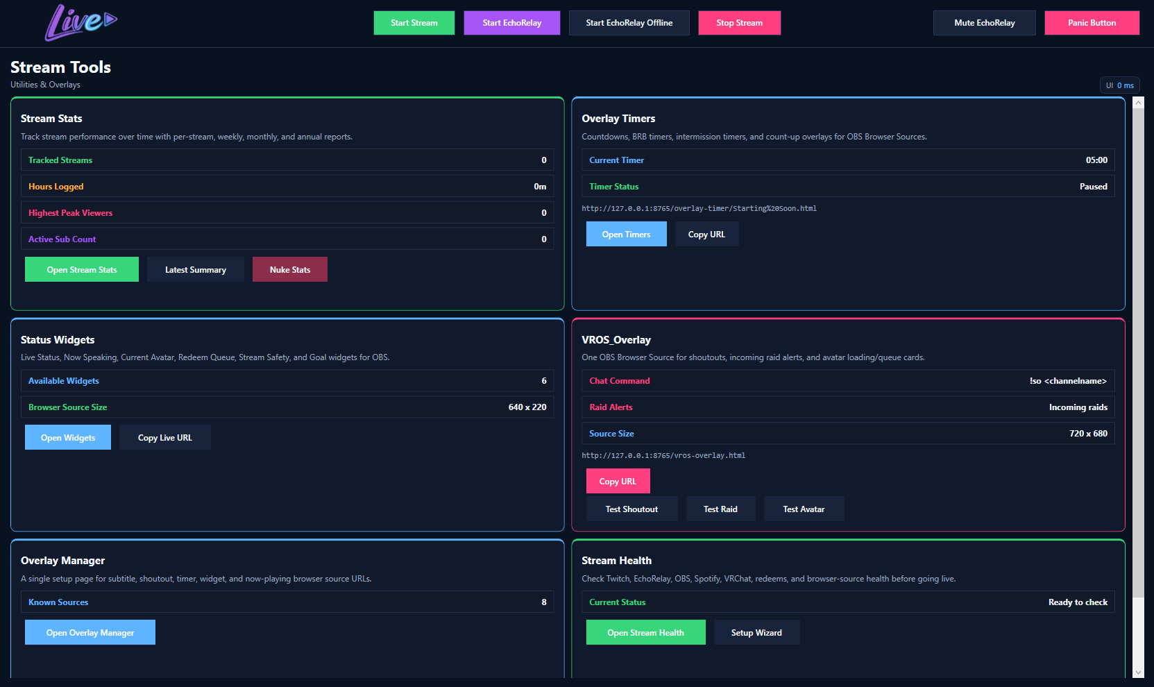 Stream Tools screen in VROmniStreamer